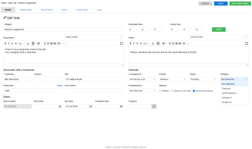 A screenshot of the Category drop-down in a task.