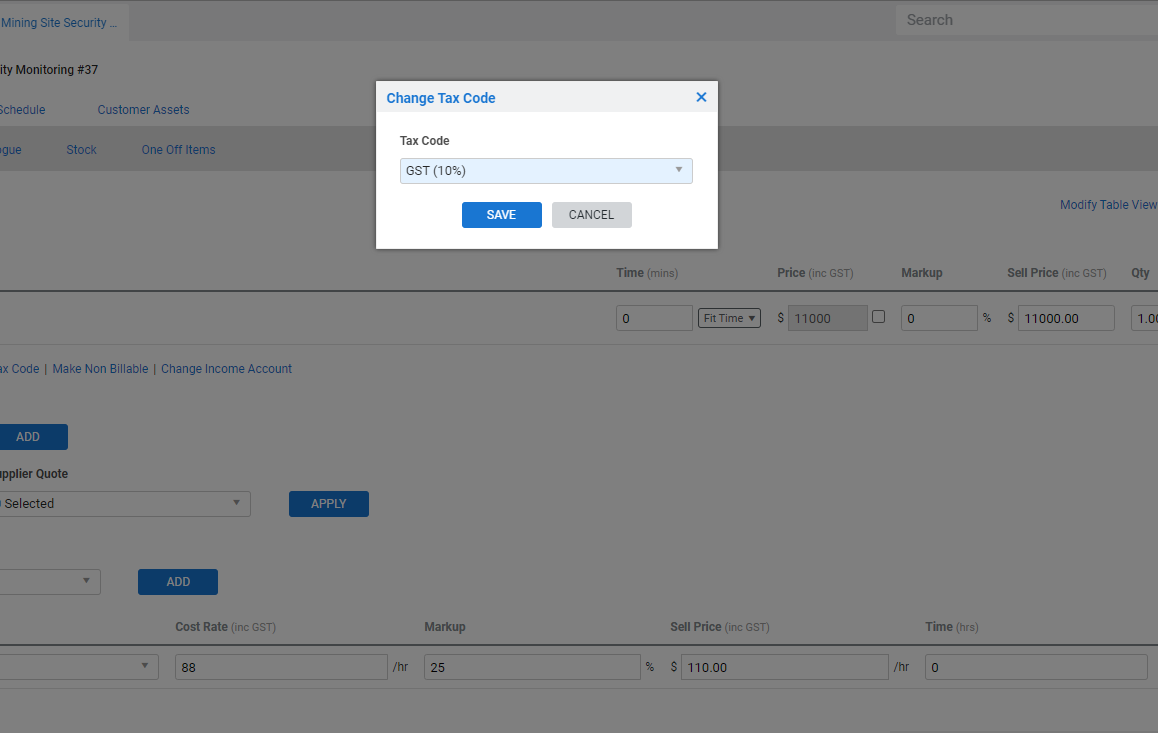 A screenshot of the Change Tax Code option.
