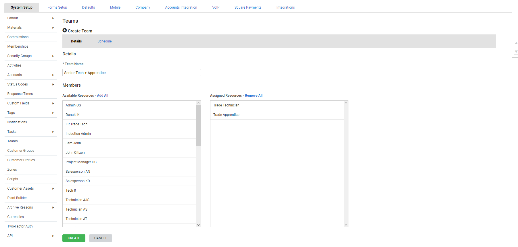 A screenshot of a team being created.