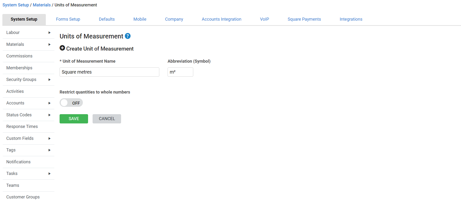 A screenshot of a unit of measurement being created.