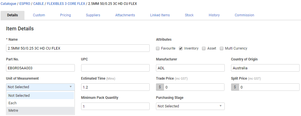 A screenshot of the Unit of Measurement drop-down in an item.
