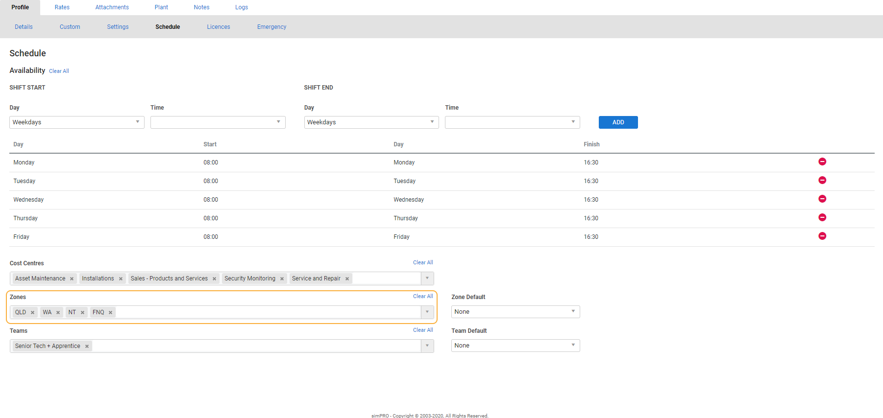 A screenshot of the schedule tab.