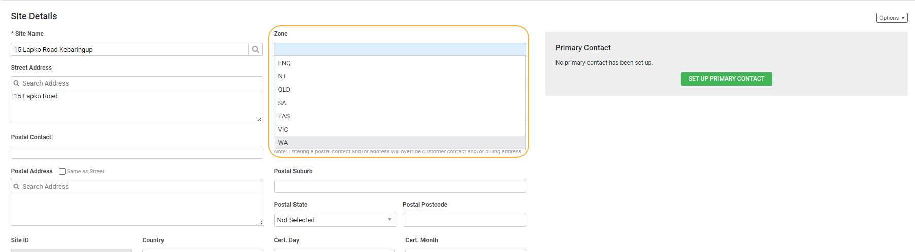 A screenshot of the Zone drop-down in a site.