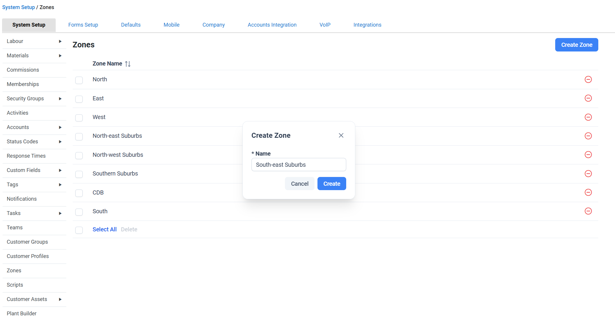 A screenshot of the Create Zone button.