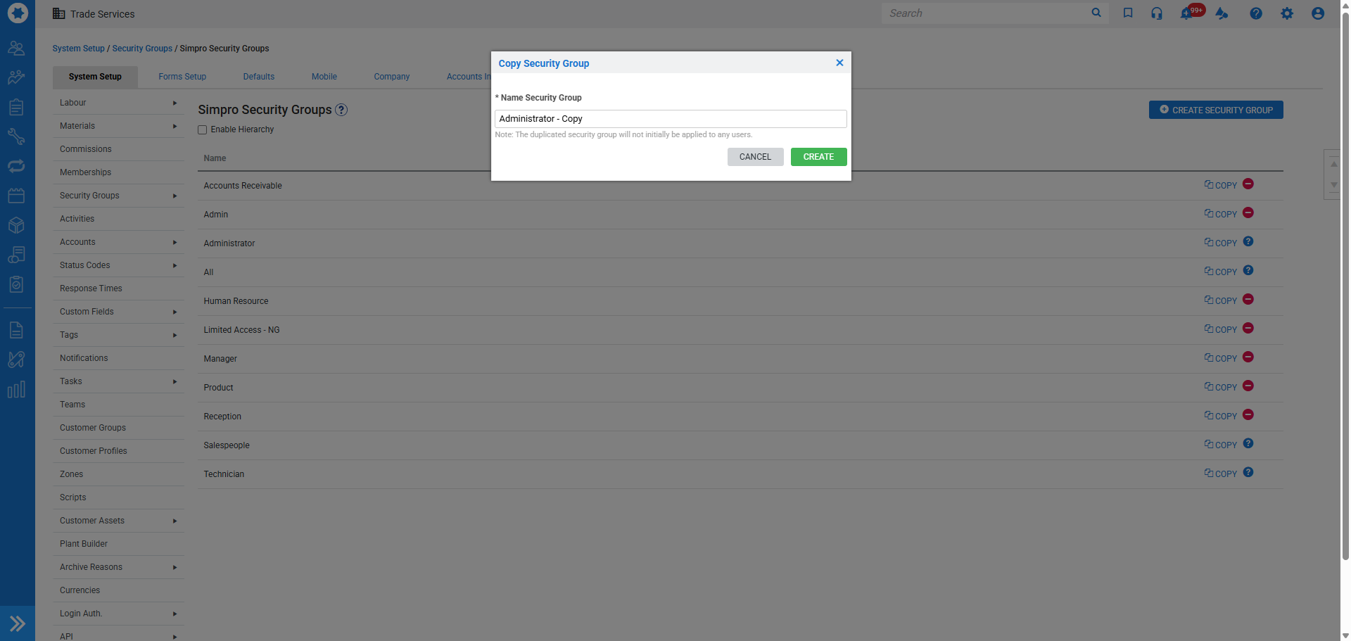 A screenshot of creating a copy of a security group.