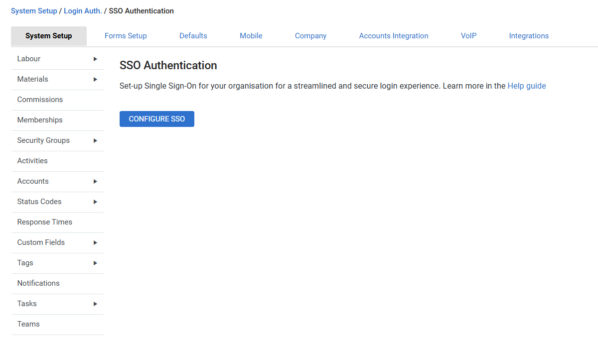 A screenshot of the SSO Authentication page in System Setup.