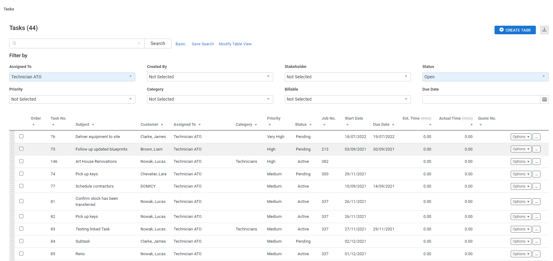 A screenshot of the tasks Advanced search.