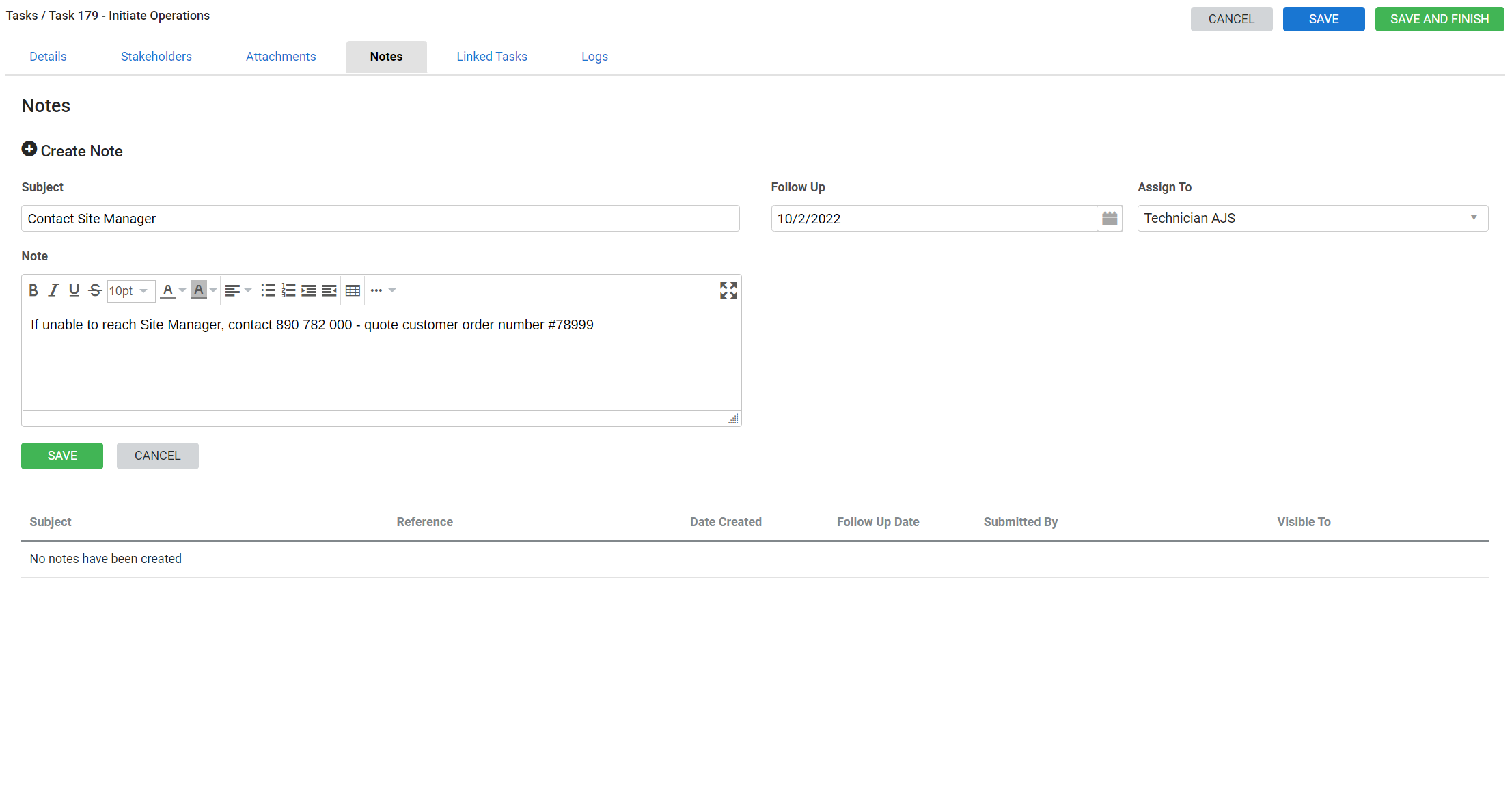 A screenshot of a note being created for a task.