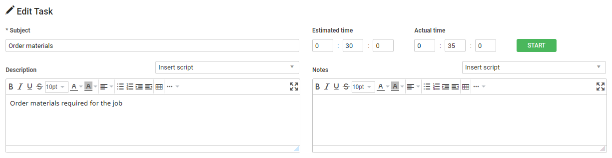 A screenshot of Actual Time being manually entered.