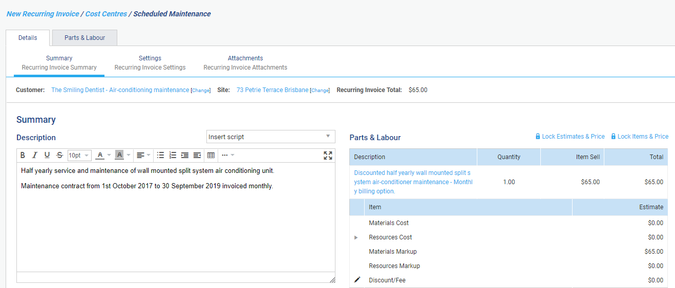 A screenshot of a recurring invoice template linked to a customer contract.