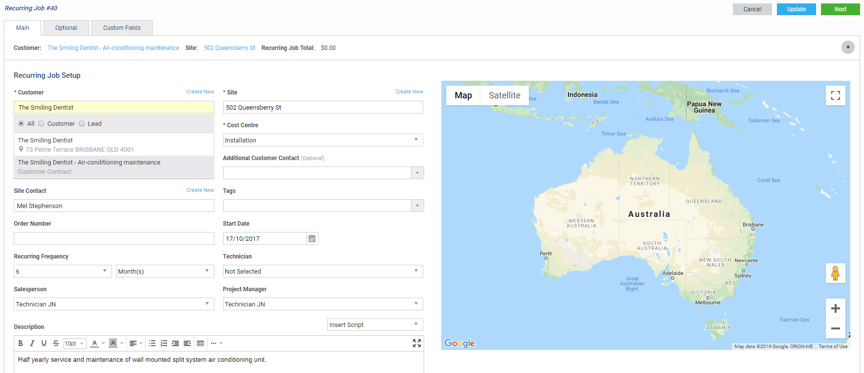 A screenshot of a recurring job creation page with a customer contract selected.