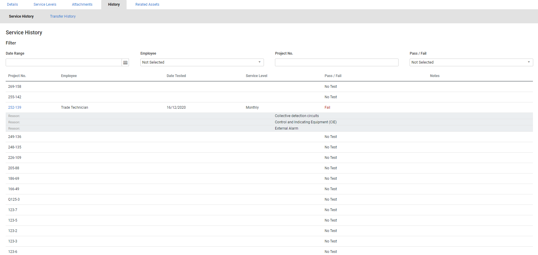 A screenshot of the History tab in an asset.