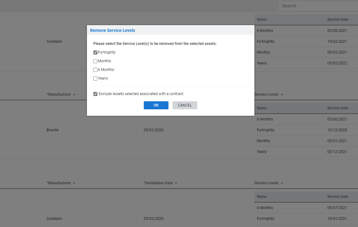 A screenshot of a service level being removed from a site's assets.
