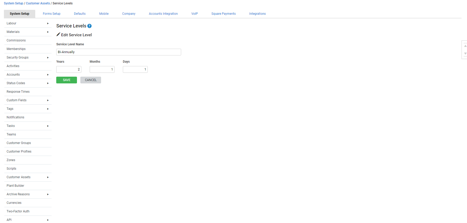 A screenshot of the Create Service Level page.