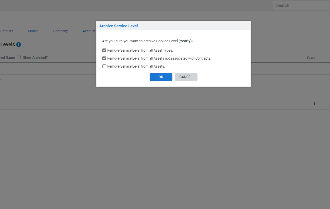 A screenshot of the Delete Service Level pop-up window.