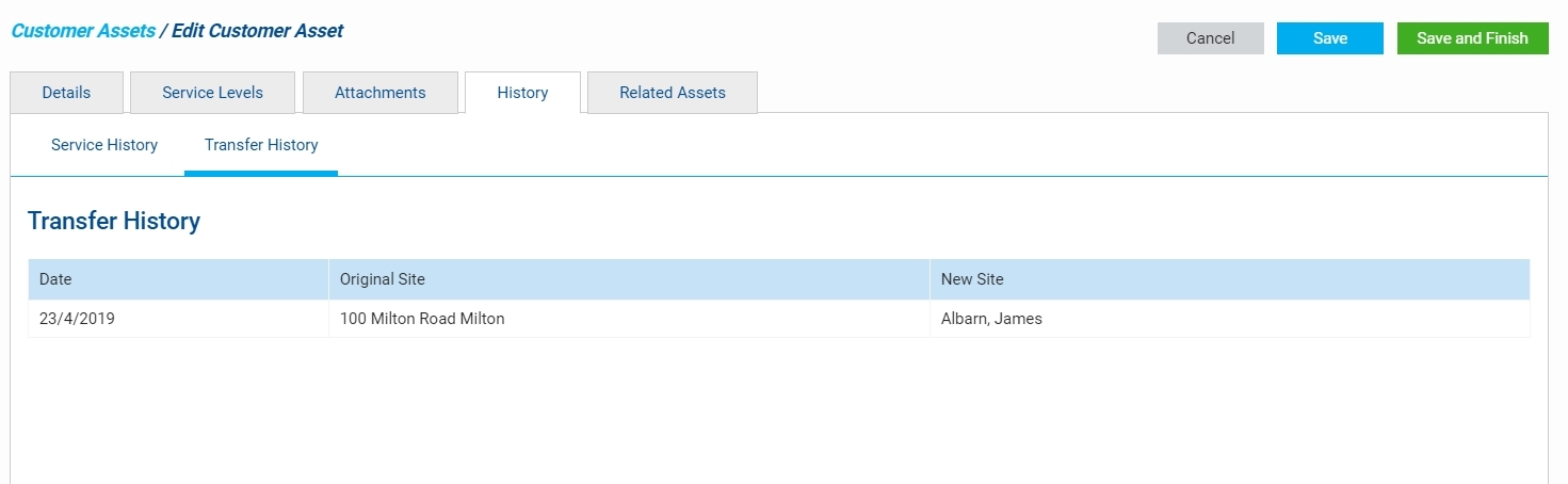 A screenshot of the Transfer History tab.