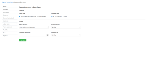 A screenshot of the Export Customers page.
