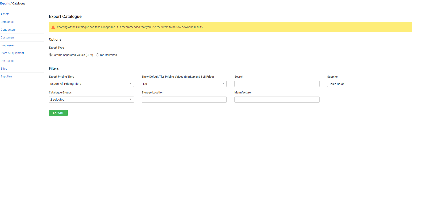A screenshot of the Catalogue export.