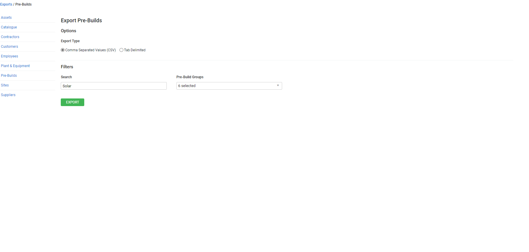 A screenshot of the Pre-builds export.