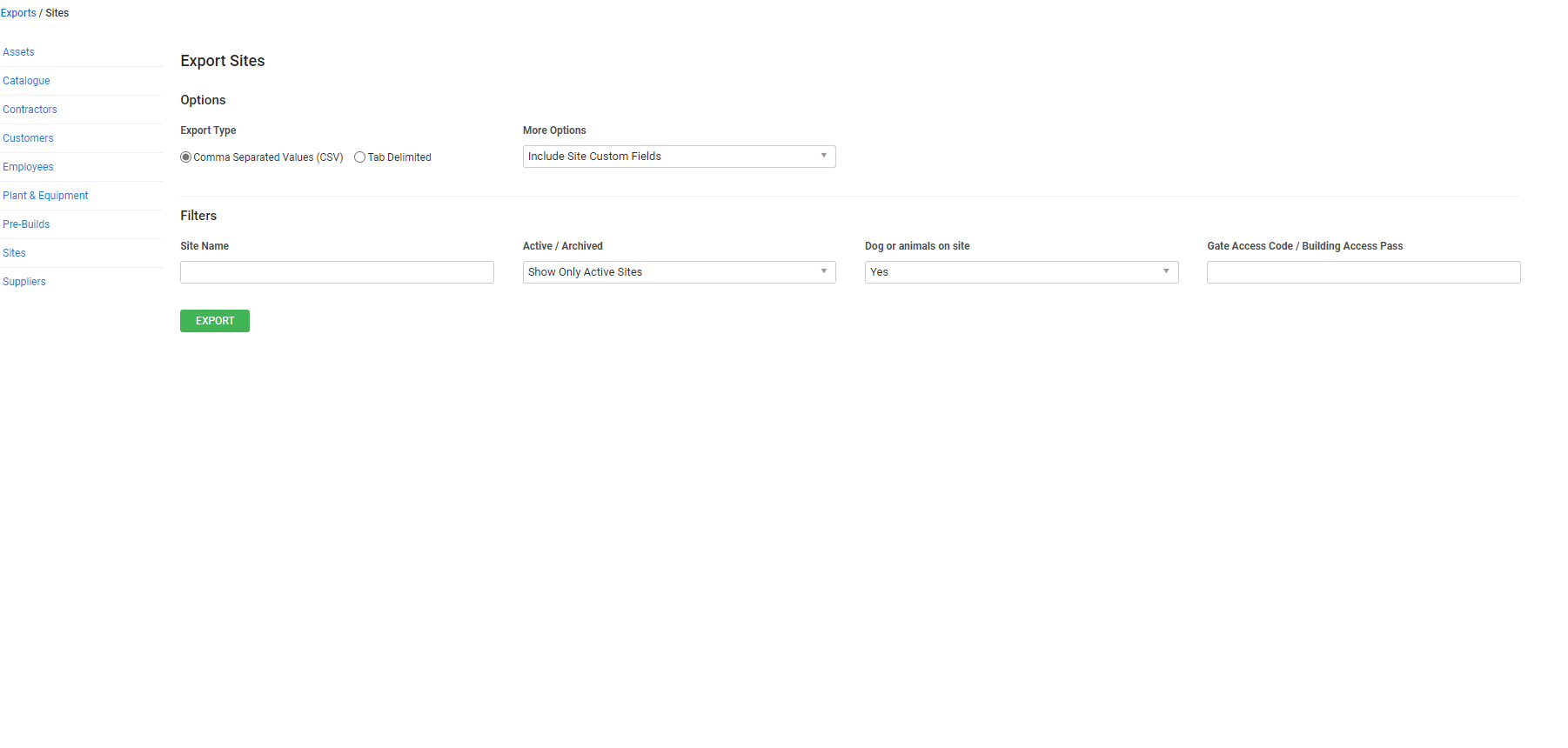 A screenshot of the Sites export.