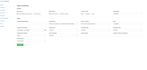 A screenshot of the Export Customers page.