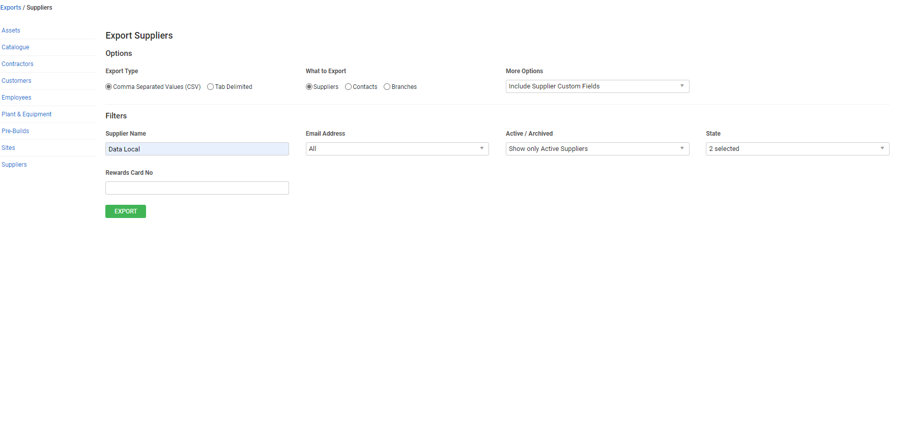 A screenshot of the Export Suppliers page.