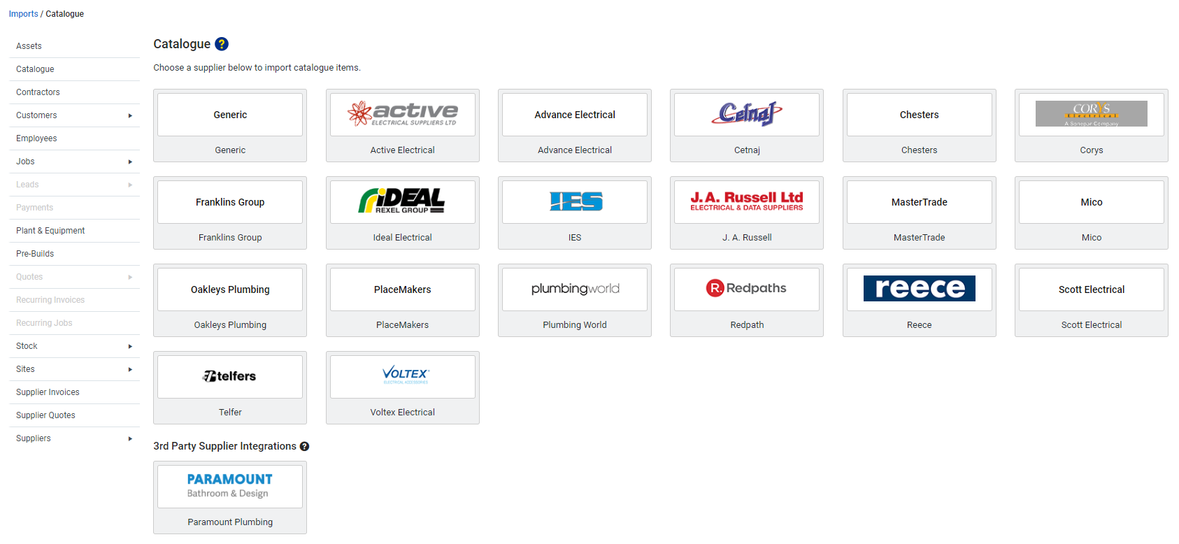 A screenshot of the catalogue imports.
