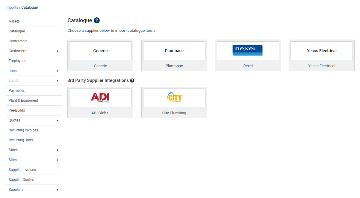 A screenshot of the catalogue imports.