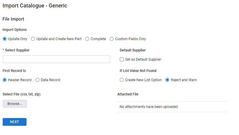 A screenshot of the Import Catalogue - Generic page.