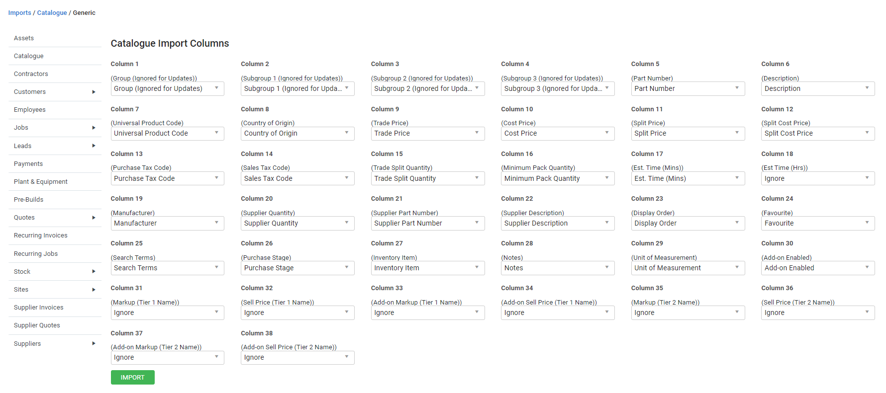 A screenshot of the Catalogue Import Columns page.