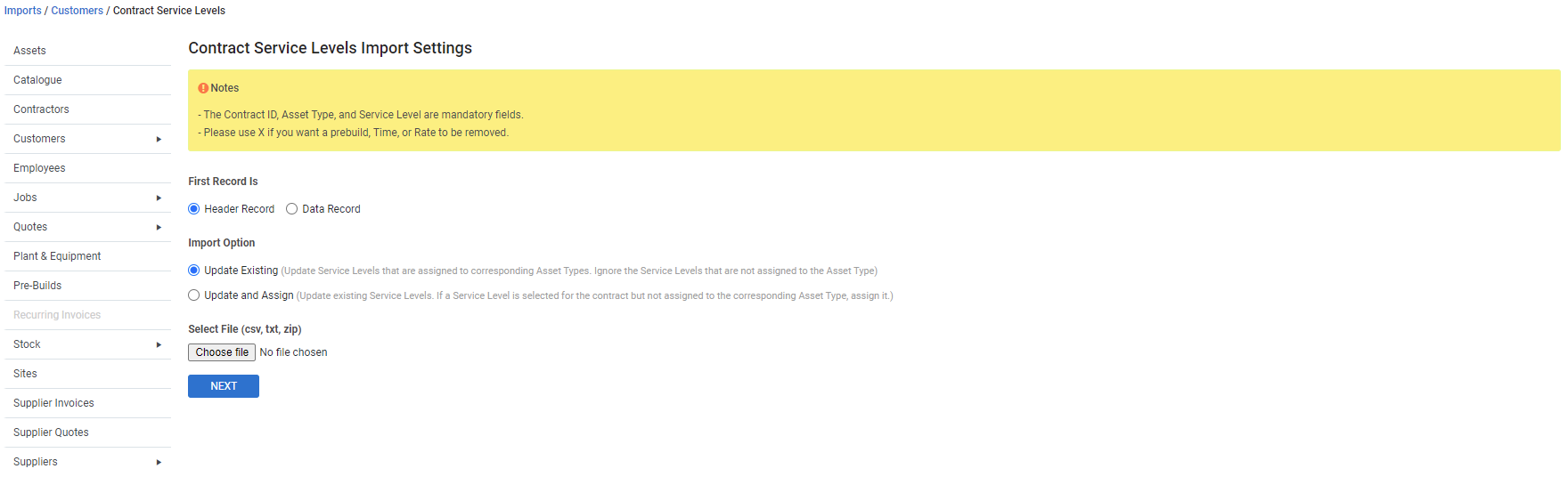 A screenshot of the Customer Contracts Import Settings page.
