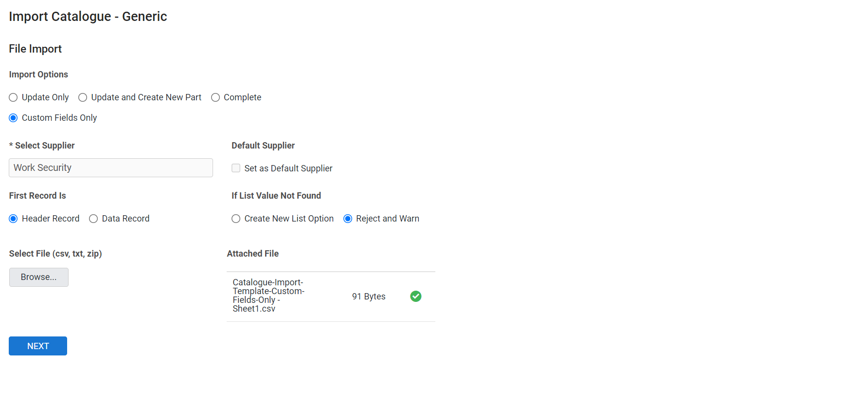 A screenshot of the Import Catalogue - Generic page.