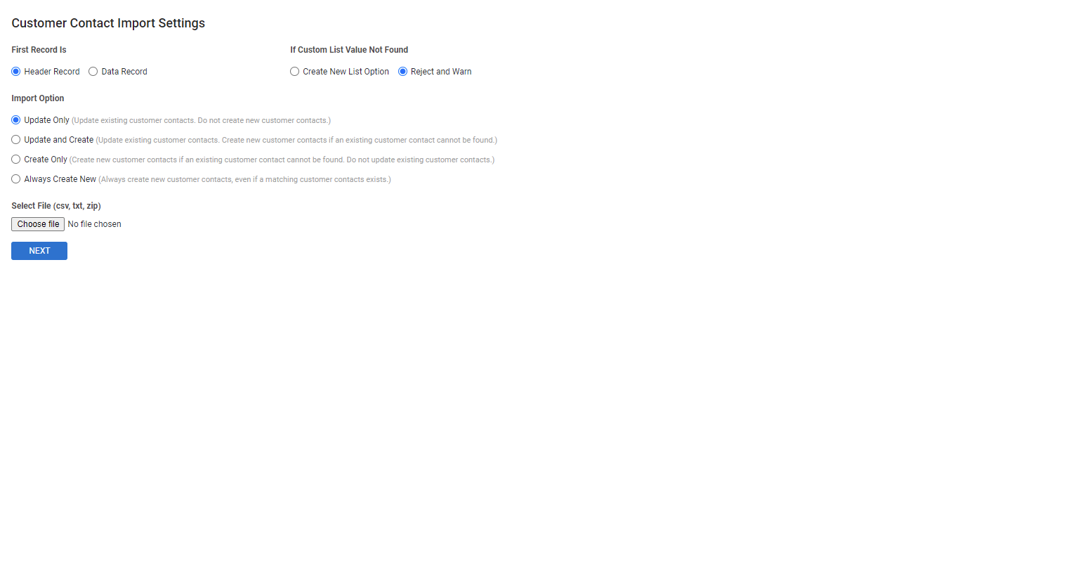 A screenshot of the Customer Contact Import Settings page.