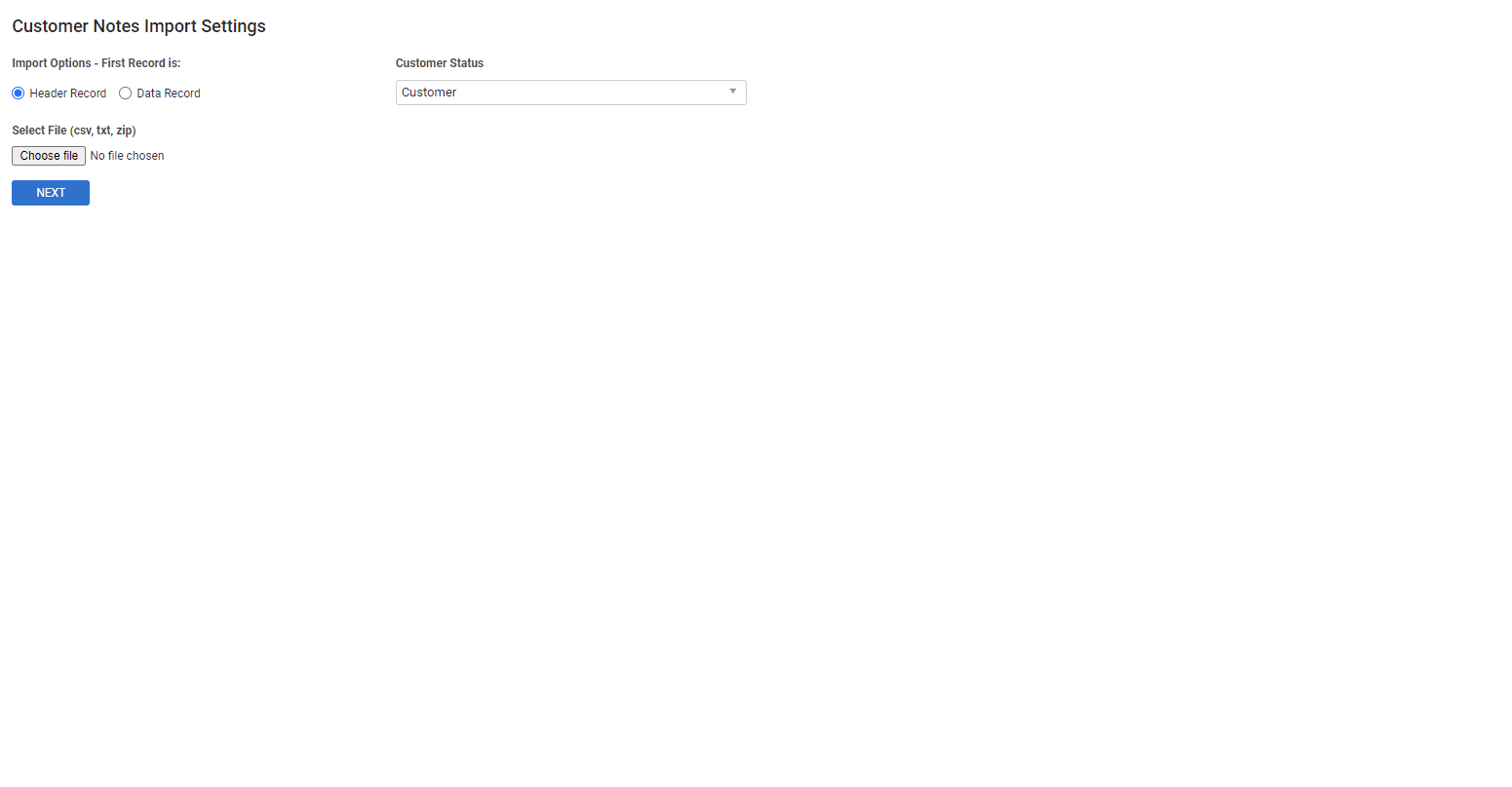 A screenshot of the Import Customer Notes page.