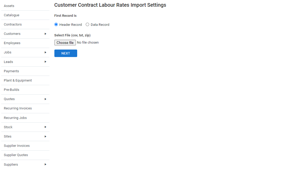 A screenshot of the Import Customer Notes page.