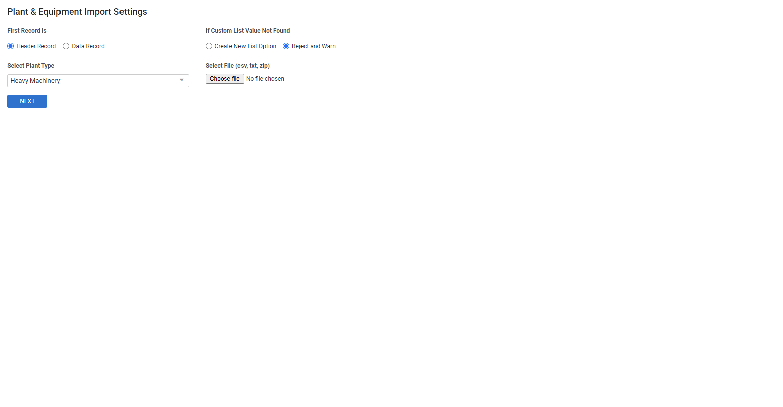 A screenshot of the Plant & Equipment Import Settings.