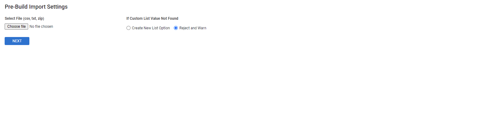 A screenshot of the Pre-Build Import Settings page.