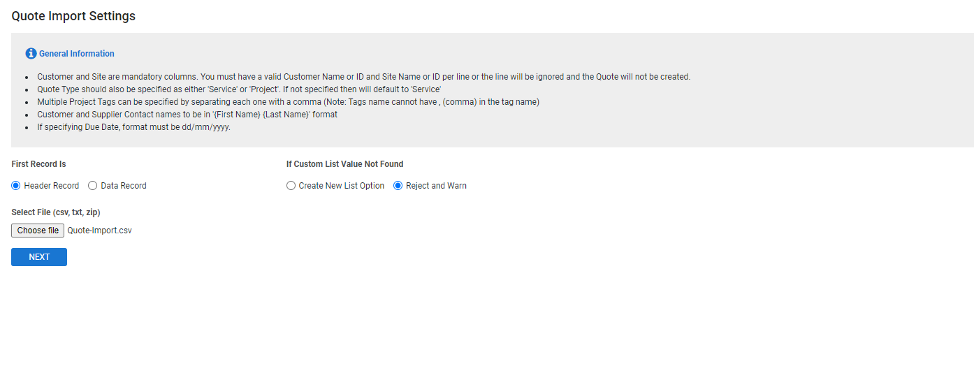 A screenshot of the Customer Import Settings page.