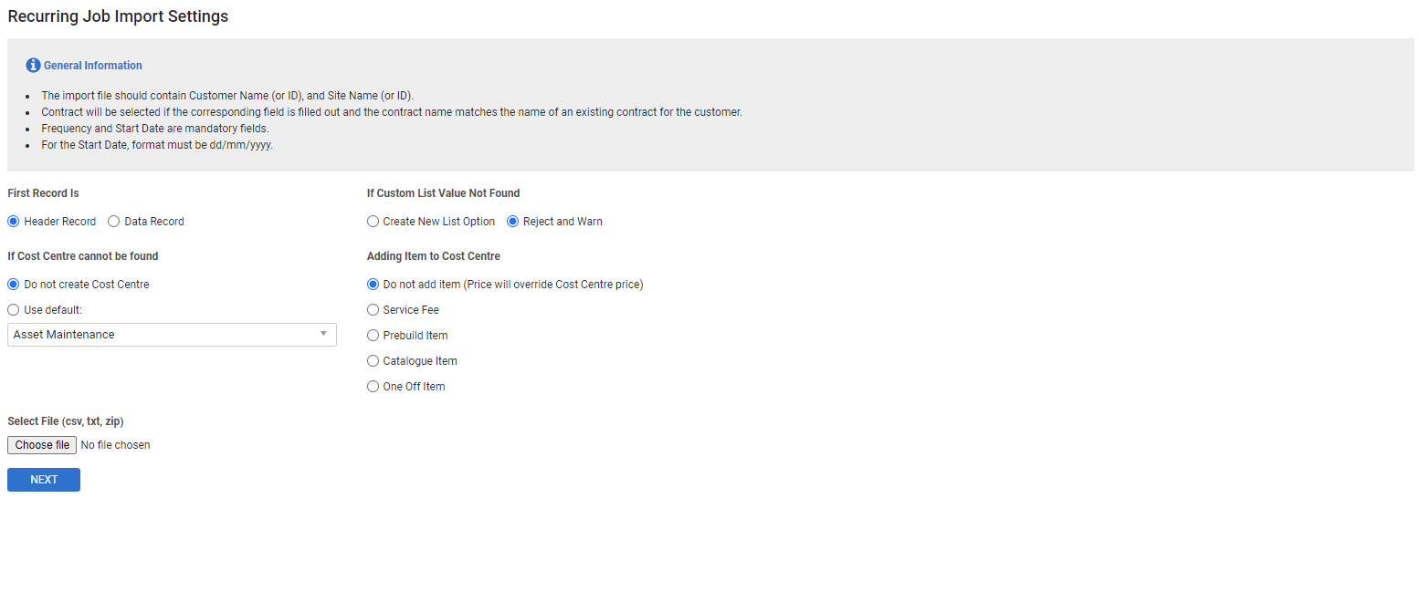 A screenshot of the Customer Import Settings page.