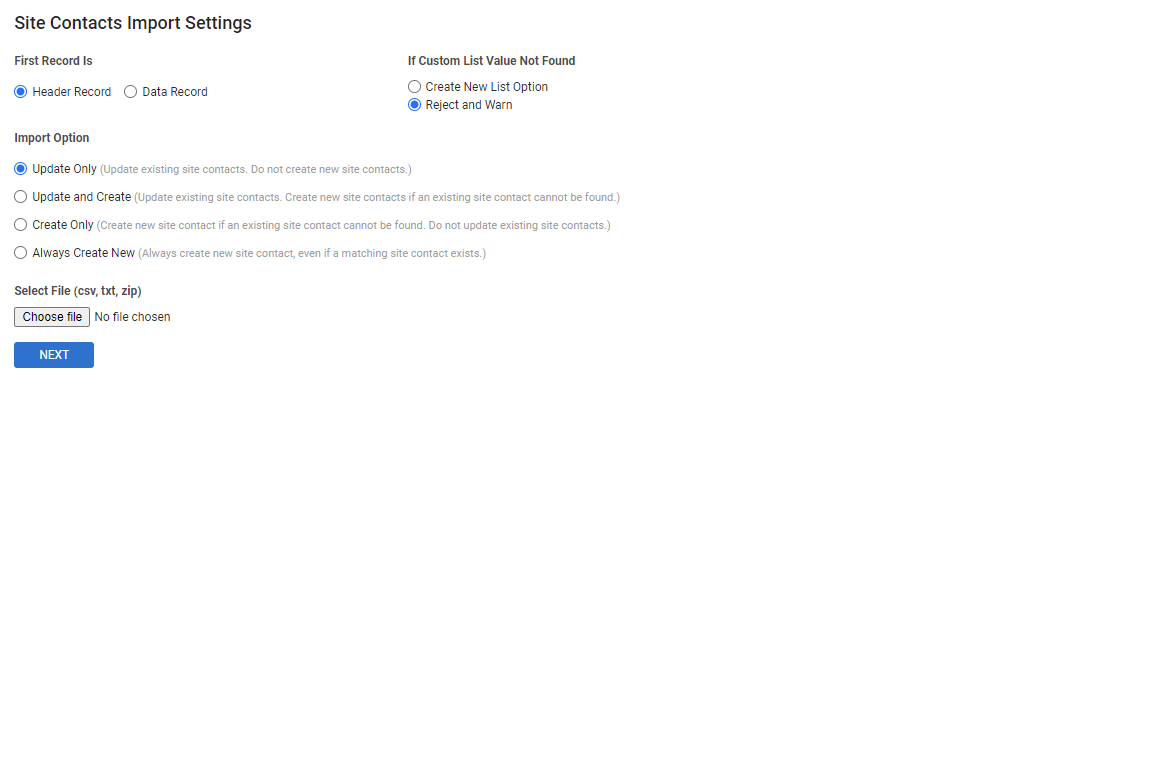 A screenshot of the Customer Contact Import Settings page.