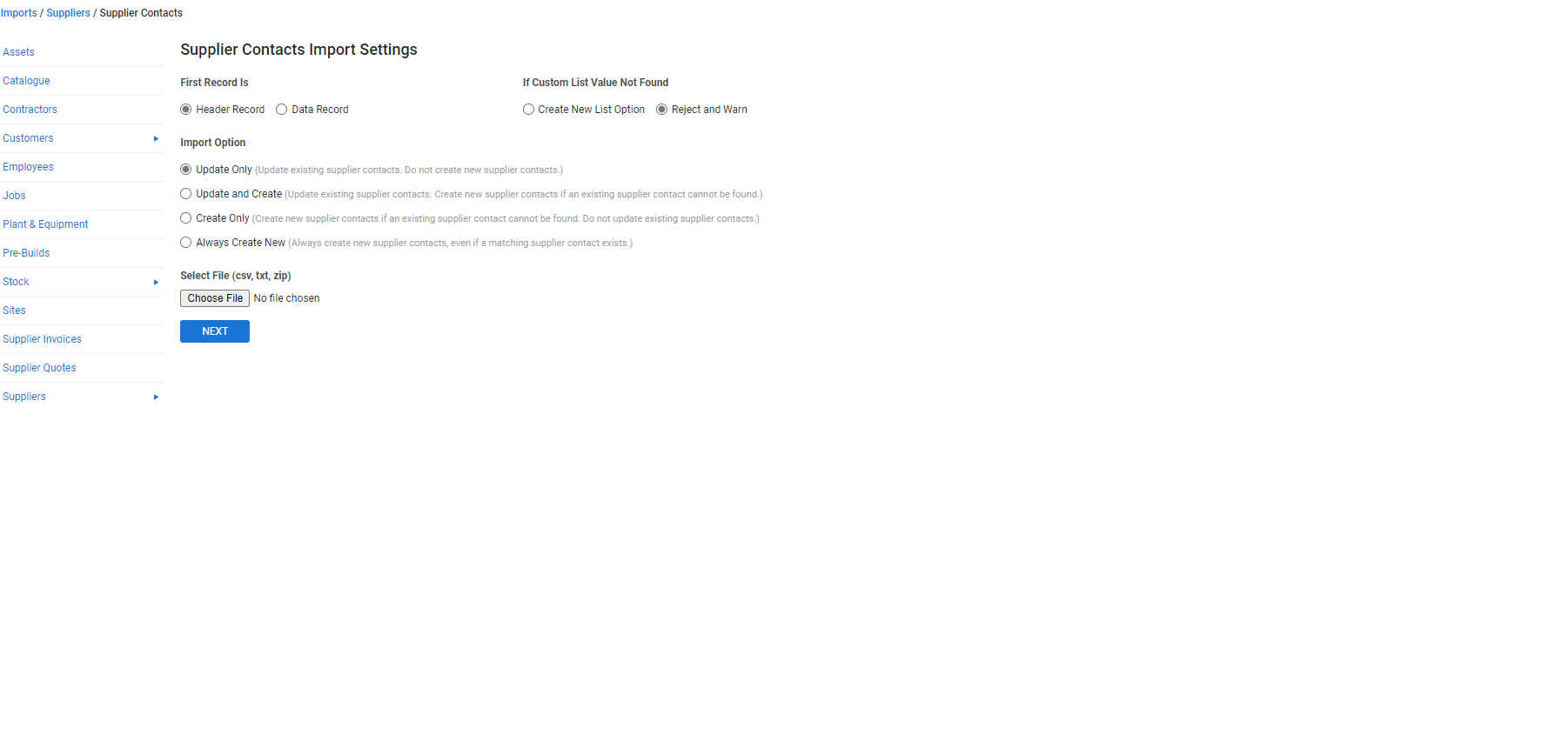 A screenshot of the Import Supplier Contacts page.
