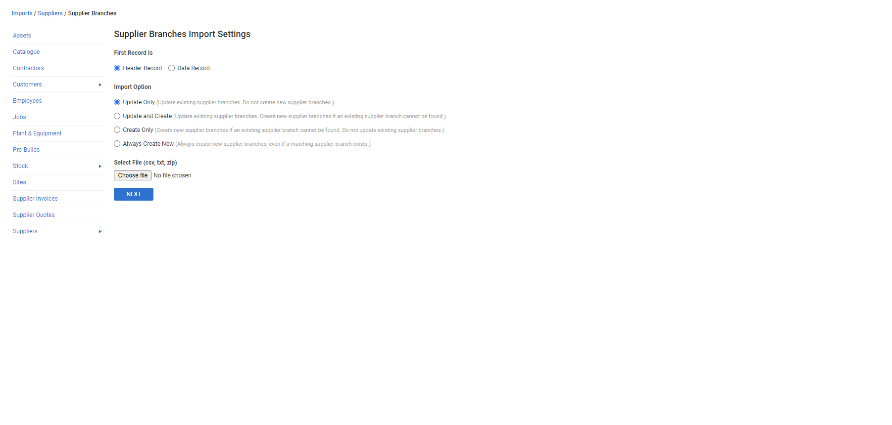A screenshot of the Import Supplier Branches page.