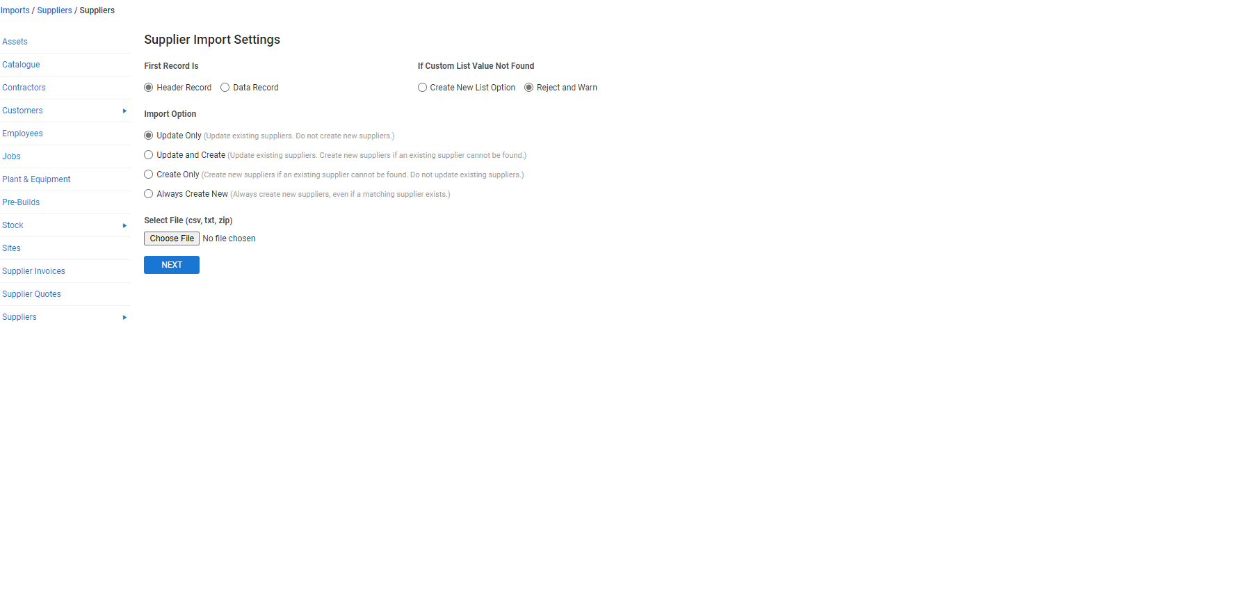 A screenshot of the Supplier Import page.