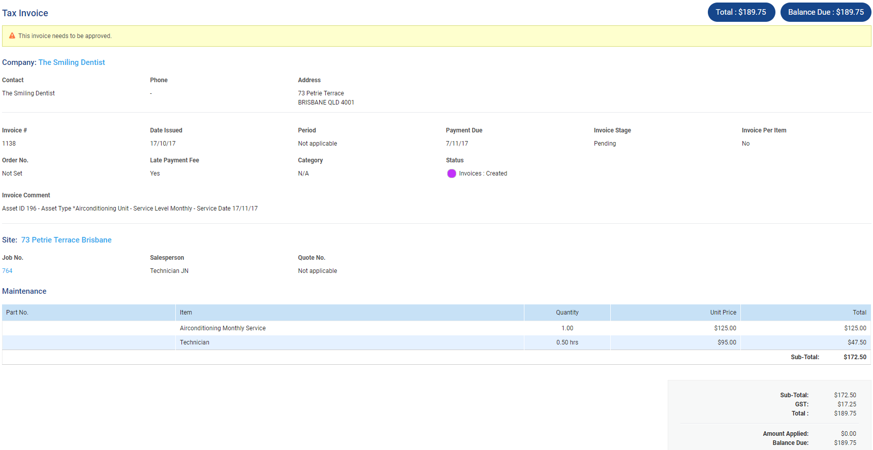 A screenshot of a tax invoice for a Maintenance Planner job.