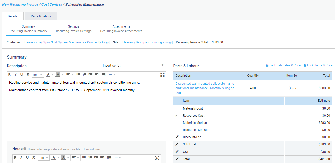 A screenshot of a recurring invoice linked to a contract.