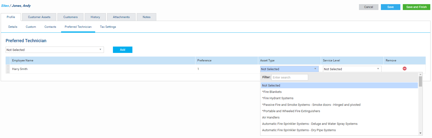 A screenshot of the Asset Type and Service Level drop-downs in the Preferred Technician tab.
