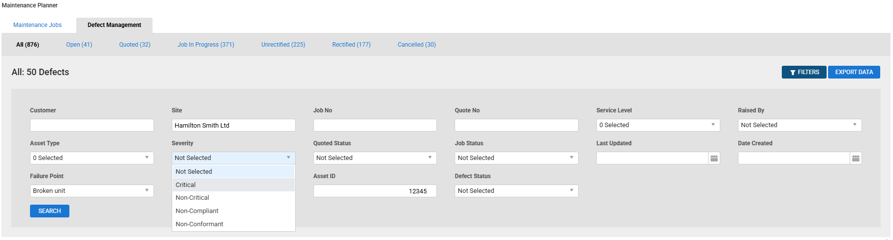 A screenshot of the defect management tab.