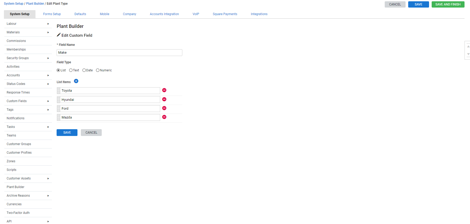 A screenshot of a custom field being created in a plant type.