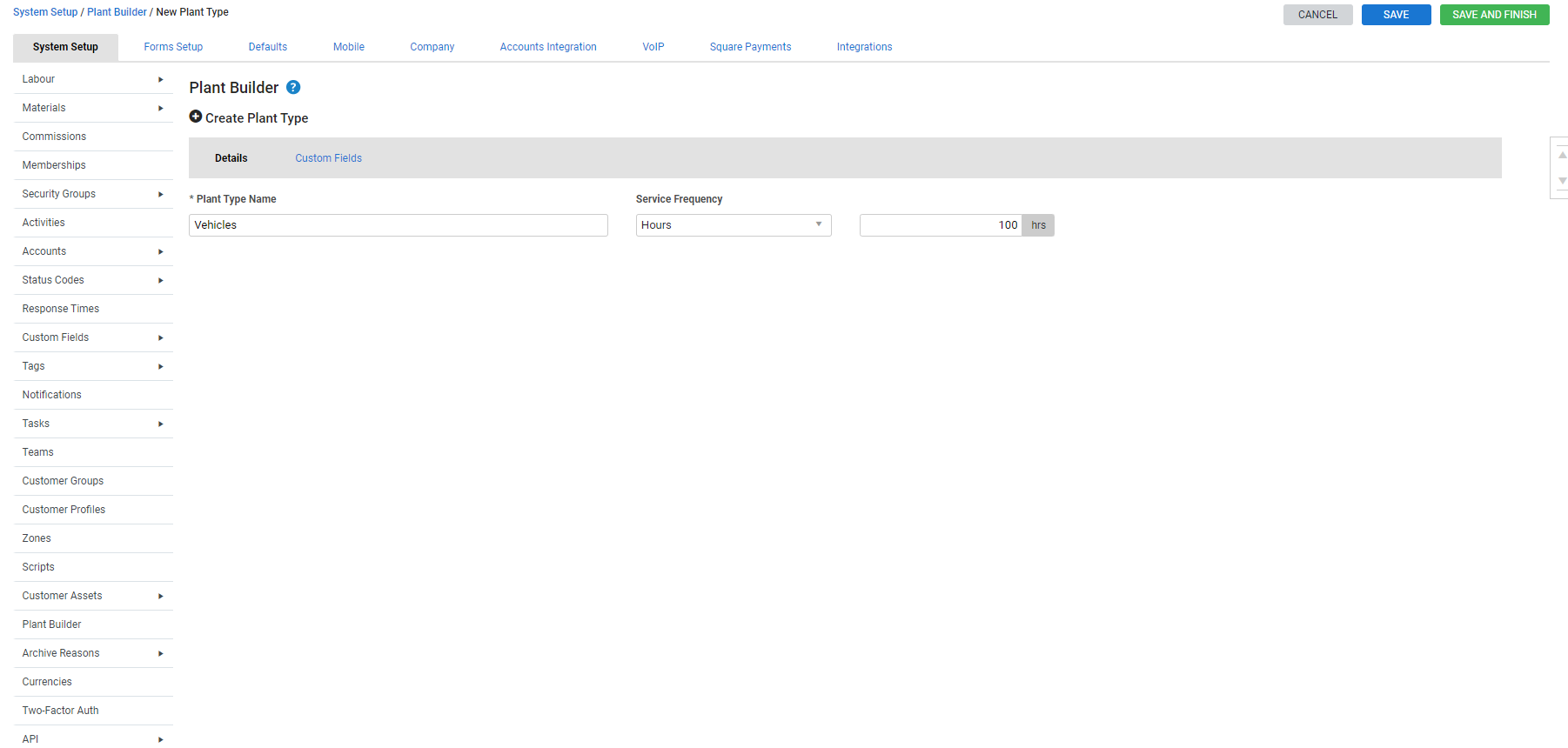 A screenshot of the Create Plant Type page.