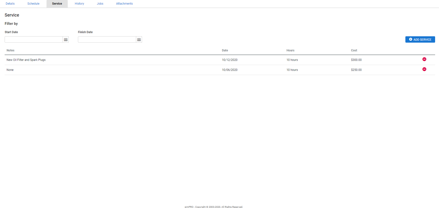 A screenshot of the Service tab in a plant item.